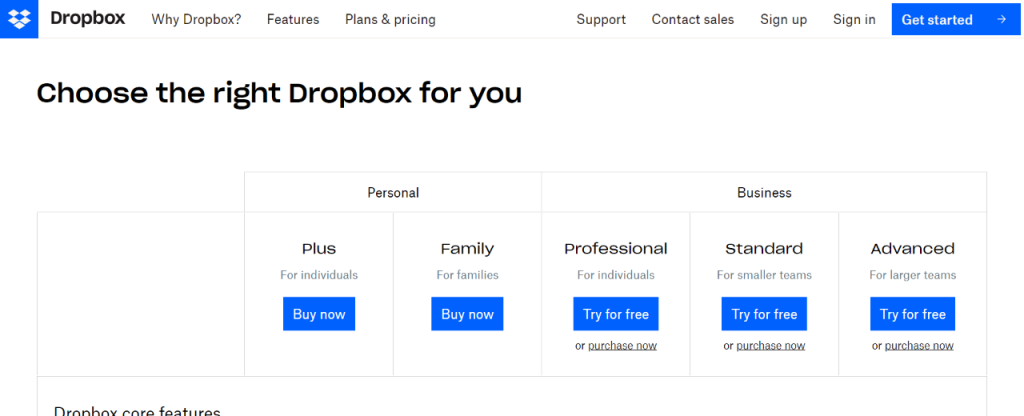 Dropbox plans and pricing