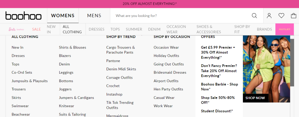 Boohoo product categories