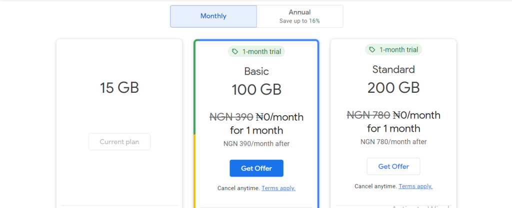 Google Drive pricing options