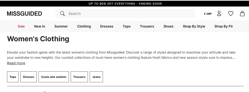 Missguided product categories