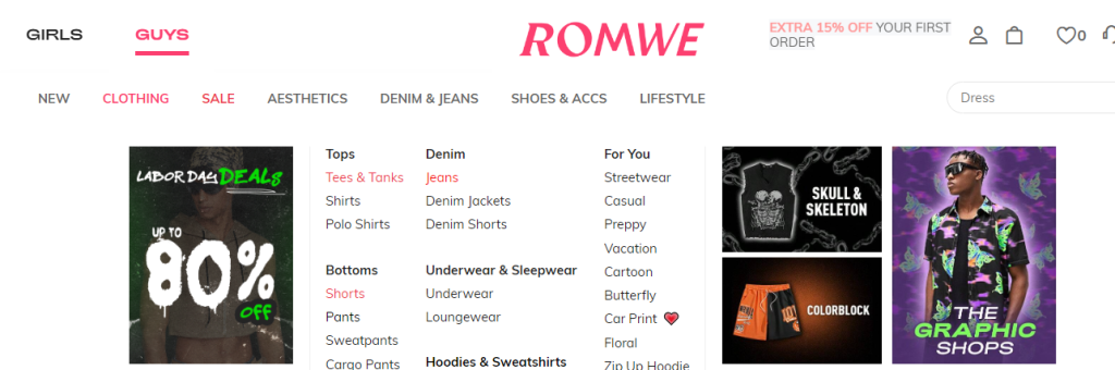 Romwe product categories